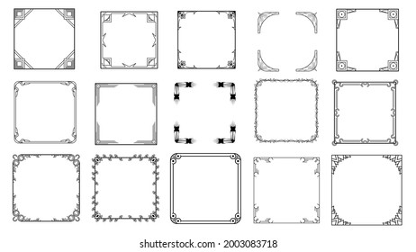 Set Black Simple Line Frame Collection Doodle Square Floral Frame Elements Vector Design Style Sketch Isolated Illustration For Banner