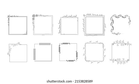 Setzen Sie die Schwarze einfache Linie Rahmen Kollektion Doodle Square Floral Frame Elements Vektordesign Style Sketch isolierte Illustration für Banner