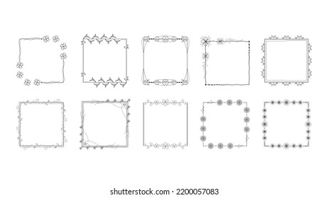 Set Black Simple Line Frame Collection Doodle Square Floral Frame Elements Vector Design Style Sketch Isolated Illustration For Banner