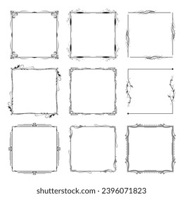 Set Black Simple Line Frame Collection Doodle Square Floral Frame Elements Vector Design Style Sketch Isolated Illustration For Banner