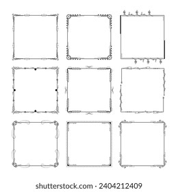 Set Black Simple Line Frame Collection Doodle Square Floral Frame Elements Vector Design Style Sketch Isolated Illustration For Banner