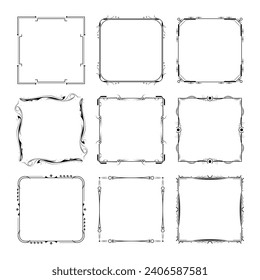 Set Black Simple Line Frame Collection Doodle Square Floral Frame Elements Vector Design Style Sketch Isolated Illustration For Banner