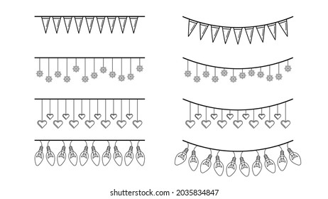 Set Black Simple Line Garlands Flags Collection Doodle Elements Vector Design Style Sketch Isolated Illustration For Banner, Birthday, Celebration, Decoration
