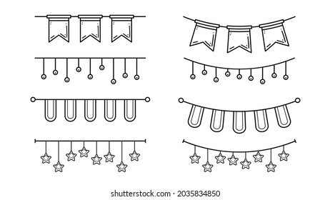 Set Black Simple Line Garlands Flags Collection Doodle Elements Vector Design Style Sketch Isolated Illustration For Banner, Birthday, Celebration, Decoration