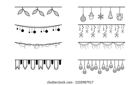 Set Black Simple Line Garlands Flags Collection Doodle Elements Vector Design Style Sketch Isolated Illustration For Banner, Birthday, Celebration, Decoration