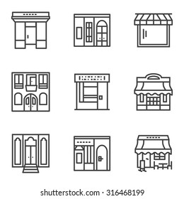 Set of black simple line style vector icons for storefronts and showcase. Commercial architecture, store and shop, cafe and restaurant. Elements of web design for business and site.