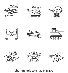 Set of black simple line vector icons for military drones. Unmanned robots, spy, research of territory. Design elements for business and website