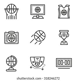 Set of black simple line vector icons for basketball. Scoreboard, game tactics, cup, sport wear. Web design elements for business.
