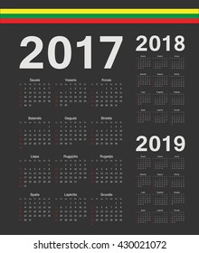 Set of black simple Lithuanian 2017, 2018, 2019 year vector calendars. Week starts from Sunday.