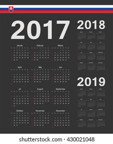 Set of black simple Slovak 2017, 2018, 2019 year vector calendars. Week starts from Sunday.
