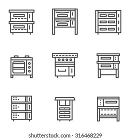 Set of black simple vector line icons for ovens and stoves. Bakery appliances, domestic and comercial kitchen equipment. Design elements for business and website