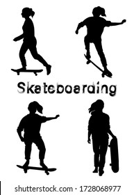 Set of black skate girl silhouettes. Skate trick ollie. Skateboarder is rides, pushes off the ground, jumping, standing on the board. Isolated vector illustration. Grunge style textured text.
