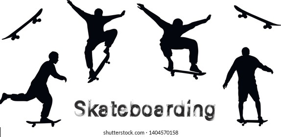 Set of black skateboarder silhouettes. Skate trick ollie. Skateboarder is rides, pushes off the ground, jumping, standing on the board. Isolated vector illustration. Grunge style textured text.
