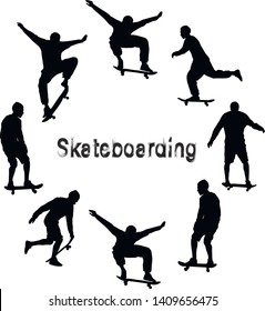 Set of black skateboarder silhouettes. Skate trick ollie. Skateboarder is rides, pushes off the ground, jumping, standing on the board. Isolated vector illustration. Grunge style textured text.
