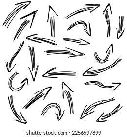 Set Black Sketch Arrows Line. Navigation direction swirl guideline cursor outline element for decor design. Hand drawn vector clipart