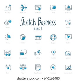 Set of black sketch business icons with blue accent isolated on light background.