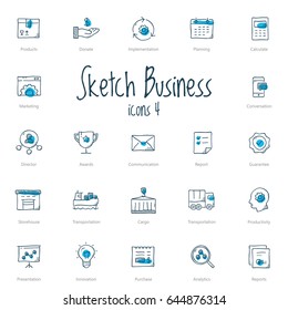 Set of black sketch business icons with blue accent isolated on light background.