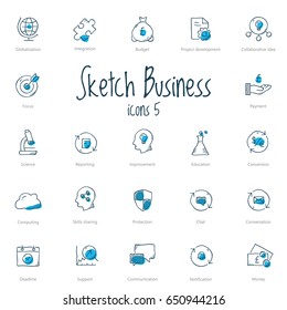 Set of black sketch business icons with blue accent isolated on light background.