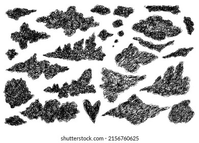 Conjunto de boceto negro dibujado a mano garabatos nubes o humo, humo. Elementos de nube con textura fluida para el diseño de impresión, patrones, pegatinas, aplicaciones y decoración de libros, fondo de textura