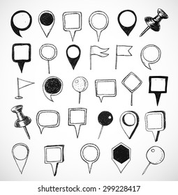 Set of black sketch pointers on white background. Navigation pins. Vector illustration.