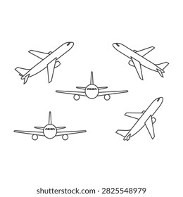 Set of black sketch style airplane icons isolated on white background. Commercial jetliner illustrations showing different views. Perfect for travel, aviation, logistics and transport design projects.