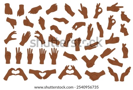 Set of black skin tone hands with different gestures isolated on white background.	