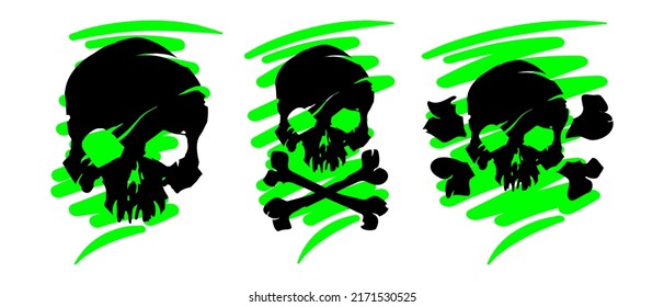 Set black skull and crossed bones icon illustration Gothic design for prints Comic style T  shirt print for Horror Halloween Hand drawing illustration isolated white background Vector EPS 10