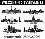 Set of black skylines representing Milwaukee, Madison, Green Bay, Kenosha, Racine, and Appleton in Wisconsin.