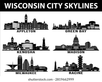 Set of black skylines representing Milwaukee, Madison, Green Bay, Kenosha, Racine, and Appleton in Wisconsin.