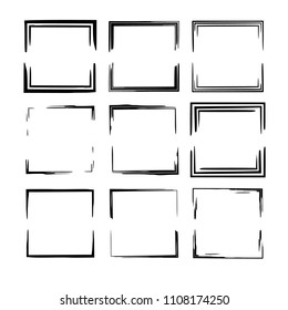 Set of black sliced square grunge frames. Empty  borders. Vector illustration. 