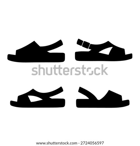 Set of Black Slide Sandal Silhouettes from Different Angles Casual Summer Beach Footwear Icons