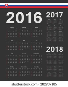 Set of black Slovak 2016, 2017, 2018 year vector calendars. Week starts from Sunday.