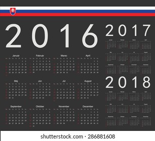 Set of black Slovak 2016, 2017, 2018 year vector calendars. Week starts from Sunday.