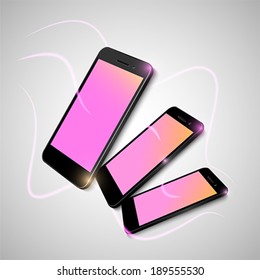 Set of black smart phones connected with others
