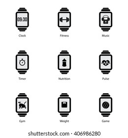 Set of black smart watches with icons and titles