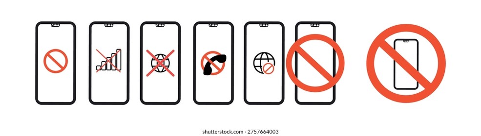  Set of black smartphone icons displaying no connection and no internet status symbols, isolated on a clean background.