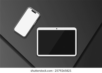 Set of black smartphone and tablet on black background. Template modern design of gadgets. Mobile phone and tablet mockup. Vector.