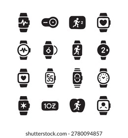 Set of black smartwatch icons displaying various fitness tracking health metrics and digital time interface features for mobile device applications