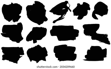 Conjunto de pintura con manchas negras, trazos de pincel de tinta, pinceles, líneas. Banner de tinta gris artística sucia. Elementos de diseño de borde, marcos de texto. Vector 