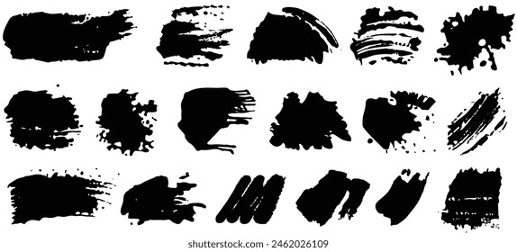 Set of black smears paint, ink brush strokes, brushes, lines. Dirty artistic grunge ink banner. Border  design elements, text frames. Vector 