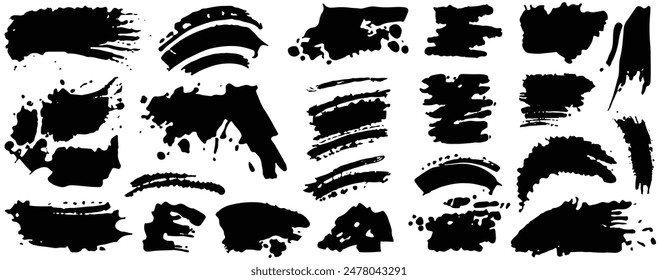 Set of black smears paint, ink brush strokes, brushes, lines. Dirty artistic grunge ink banner. Border  design elements, text frames. Vector 