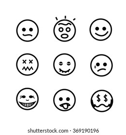 A set of black smilies with different emotions. All of them isolated, grouped and placed on white background.