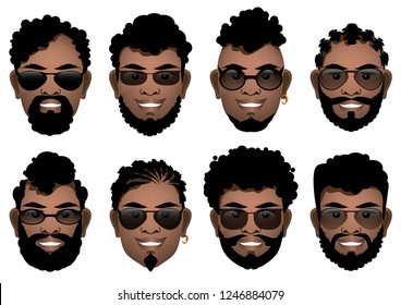 Set of black smiling men's faces with different hairstyles, beards, mustache and sunglasses .  Vector illustration.