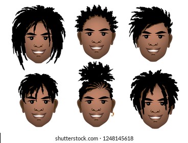 Set of black smiling  men's faces with dreadlocks, beards and mustache .  Vector illustration.