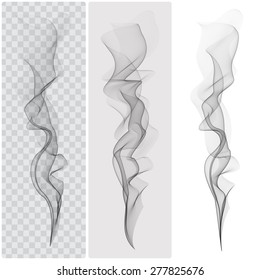 Set of black smoke on transparent, grey and white background. Vector 