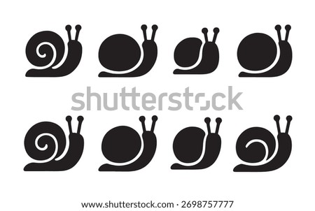 Set of black snail icons on white background.