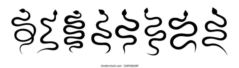 Set of black snake silhouettes. Dark hand drawn poisonous snakes. Black toxic reptiles. Dangerous exotic rattlesnakes symbol.