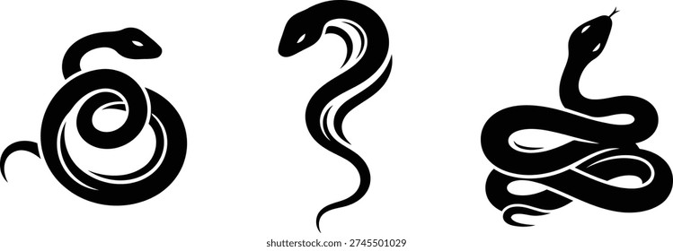 set of black snake silhouettes in different poses and shapes reptiles