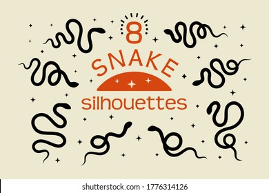 A set of Black snake silhouettes in a simple minimalistic style. Vector isolated illustration on a white background. The icon of the serpent to create logos, patterns, posters, prints on t-shirts