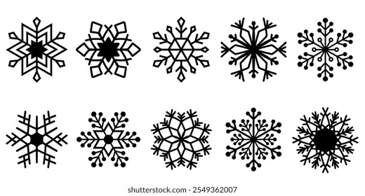 Conjunto de diseños de copo de nieve negro en varias Formas simétricas. Iconos planos del estilo aislados en el fondo blanco.